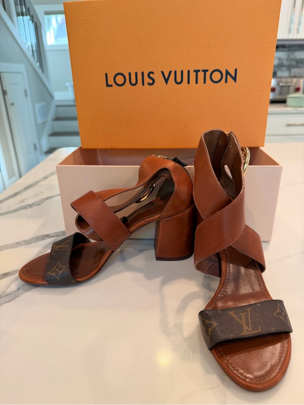 Louis Vuitton Brown Leather & Monogram Block Heel Sandals